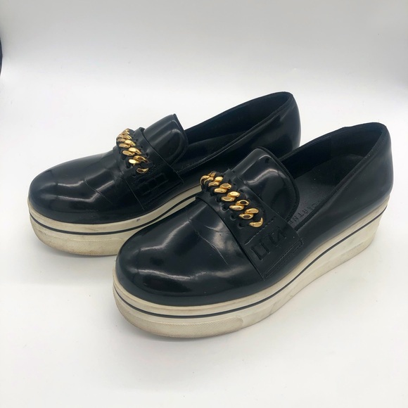 Authentic Stella McCartney Black Gloss Platform Loafers Gold Chain Accent ⛓️🖤💛 - Picture 1 of 16
